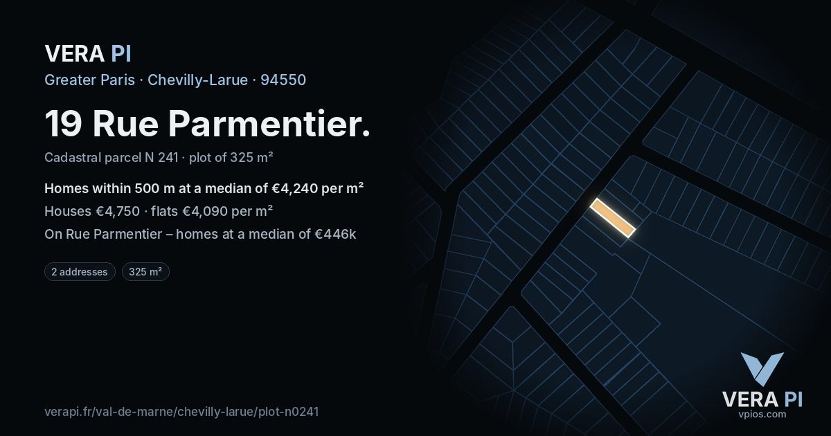 19 Rue Parmentier, Chevilly-Larue at night – the plot lit, the parcels around coloured by the prices near them