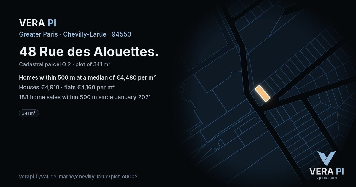 48 Rue des Alouettes, Chevilly-Larue at night – the plot lit, the parcels around coloured by the prices near them