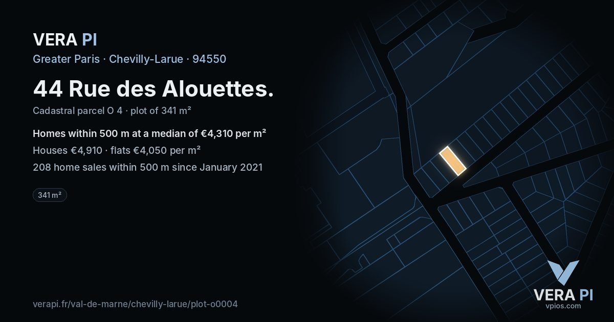 44 Rue des Alouettes, Chevilly-Larue at night – the plot lit, the parcels around coloured by the prices near them
