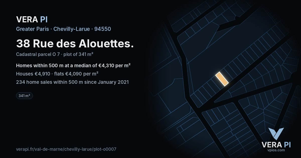 38 Rue des Alouettes, Chevilly-Larue at night – the plot lit, the parcels around coloured by the prices near them