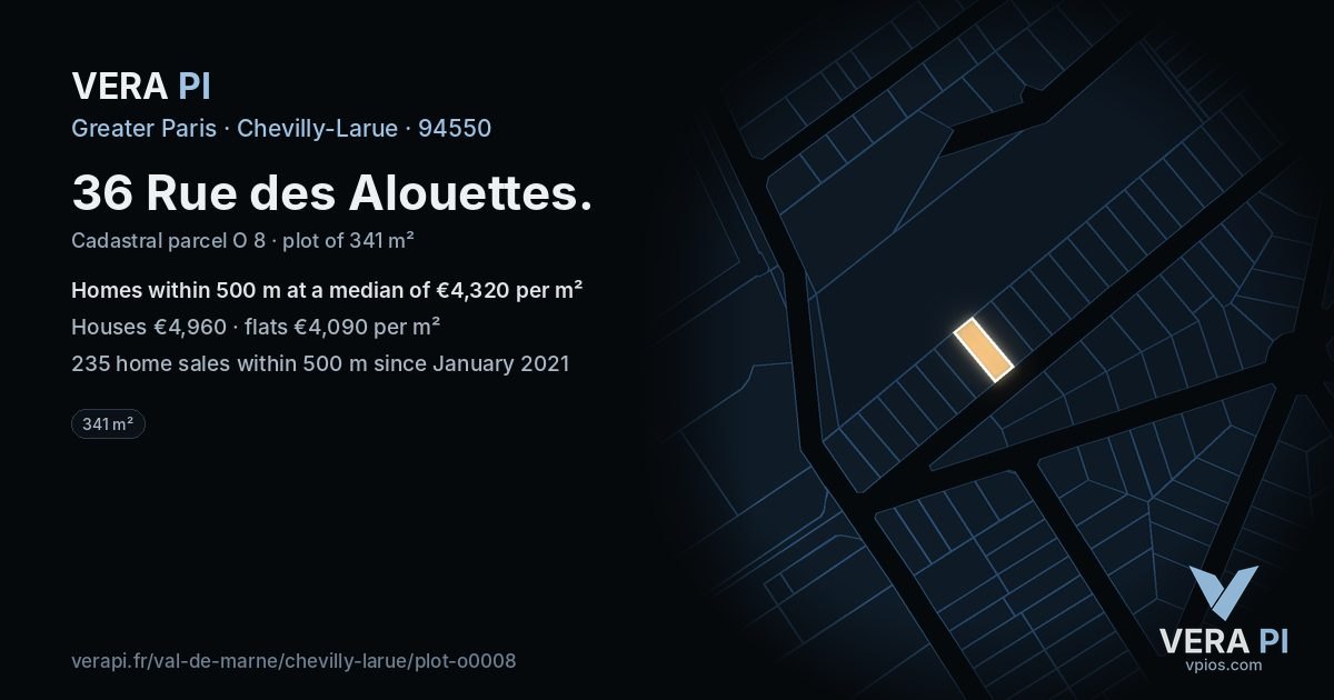 36 Rue des Alouettes, Chevilly-Larue at night – the plot lit, the parcels around coloured by the prices near them