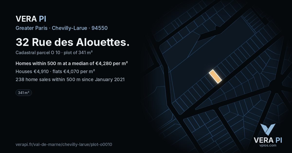 32 Rue des Alouettes, Chevilly-Larue at night – the plot lit, the parcels around coloured by the prices near them