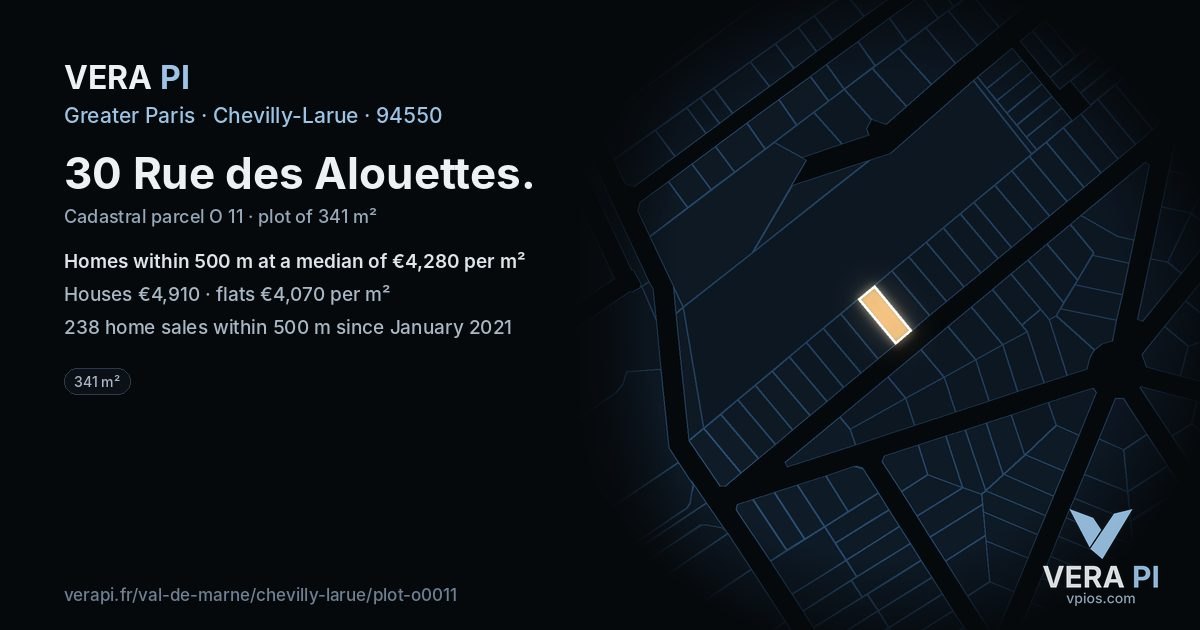 30 Rue des Alouettes, Chevilly-Larue at night – the plot lit, the parcels around coloured by the prices near them