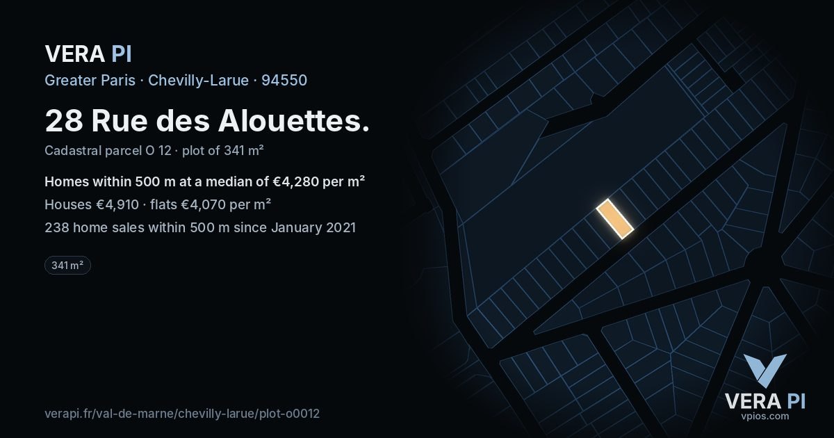 28 Rue des Alouettes, Chevilly-Larue at night – the plot lit, the parcels around coloured by the prices near them