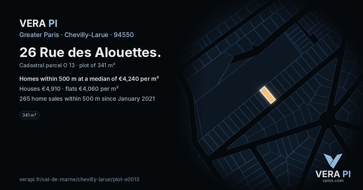 26 Rue des Alouettes, Chevilly-Larue at night – the plot lit, the parcels around coloured by the prices near them