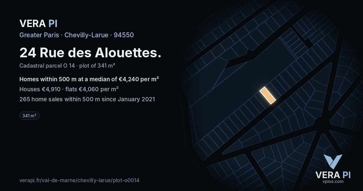 24 Rue des Alouettes, Chevilly-Larue at night – the plot lit, the parcels around coloured by the prices near them