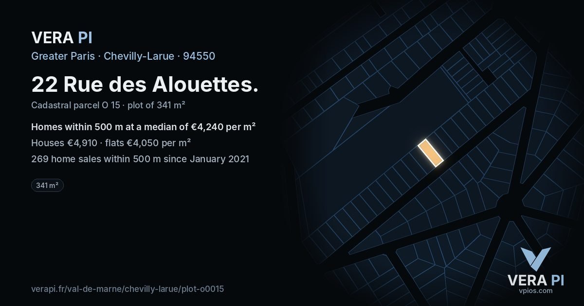 22 Rue des Alouettes, Chevilly-Larue at night – the plot lit, the parcels around coloured by the prices near them