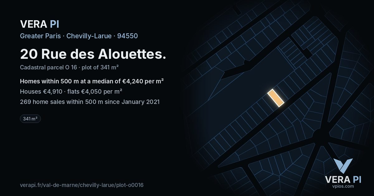 20 Rue des Alouettes, Chevilly-Larue at night – the plot lit, the parcels around coloured by the prices near them