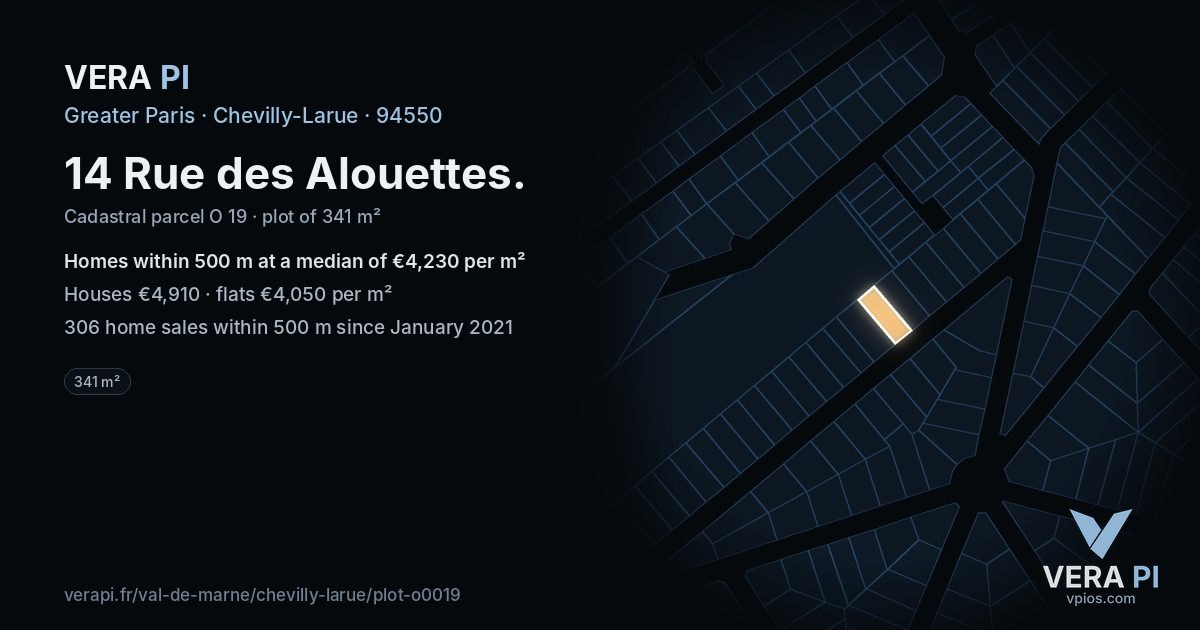 14 Rue des Alouettes, Chevilly-Larue at night – the plot lit, the parcels around coloured by the prices near them