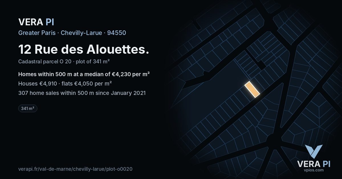 12 Rue des Alouettes, Chevilly-Larue at night – the plot lit, the parcels around coloured by the prices near them