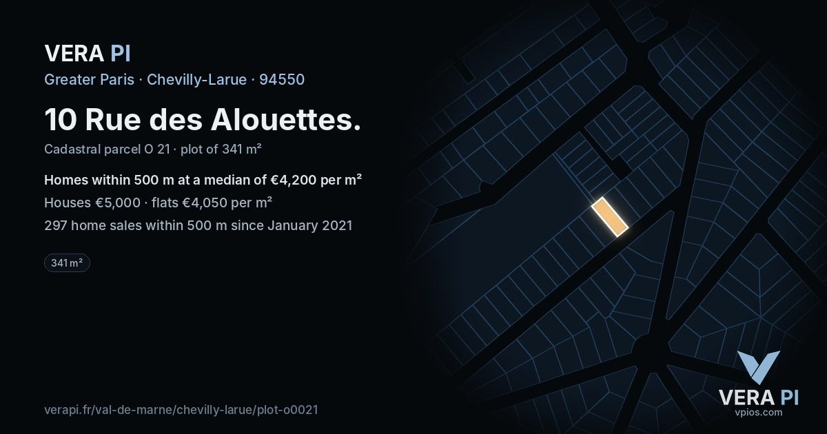 10 Rue des Alouettes, Chevilly-Larue at night – the plot lit, the parcels around coloured by the prices near them