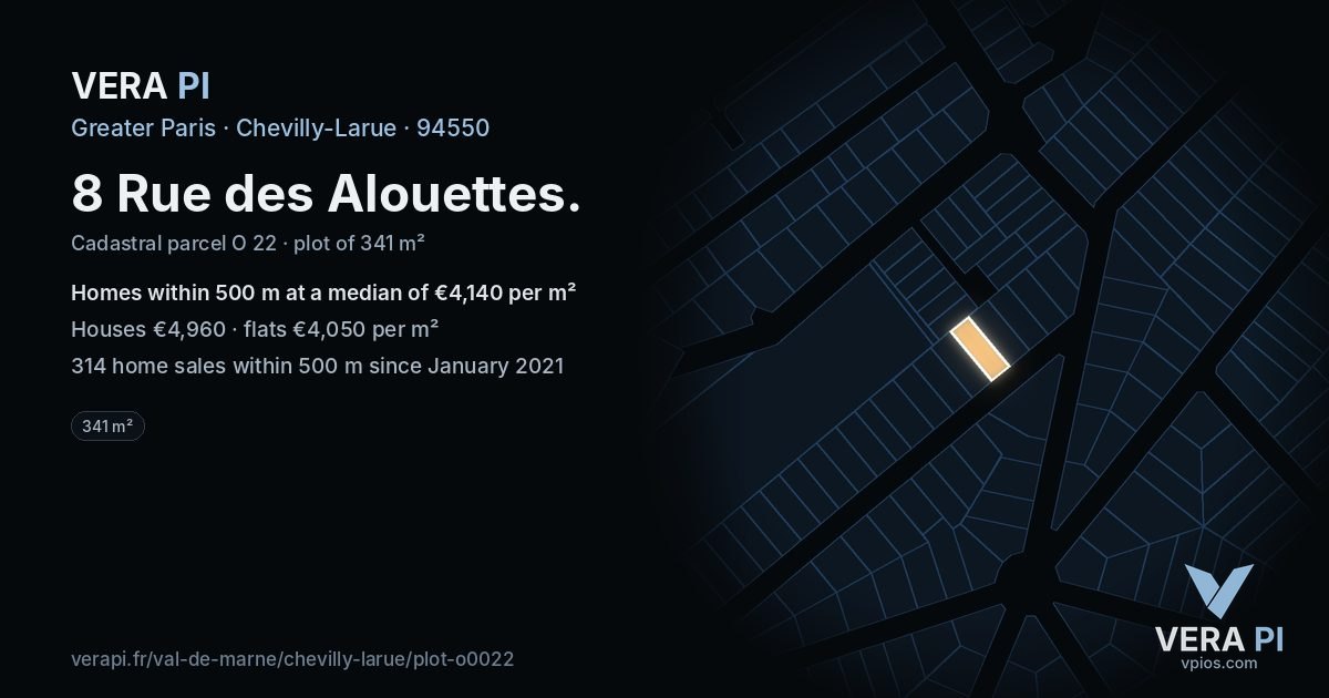 8 Rue des Alouettes, Chevilly-Larue at night – the plot lit, the parcels around coloured by the prices near them