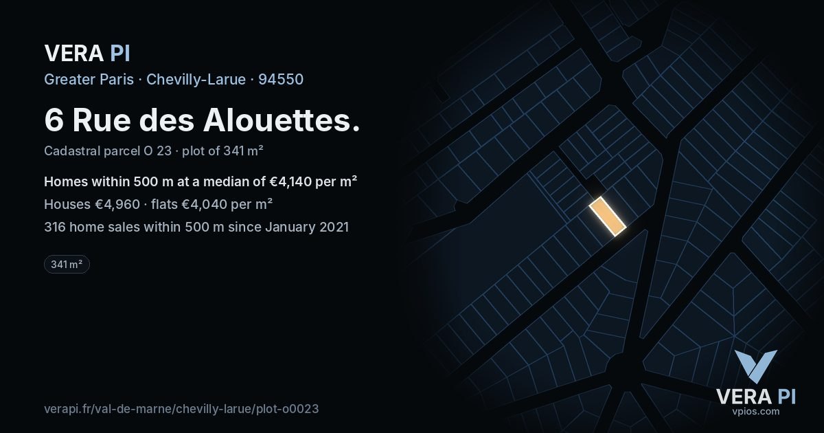 6 Rue des Alouettes, Chevilly-Larue at night – the plot lit, the parcels around coloured by the prices near them