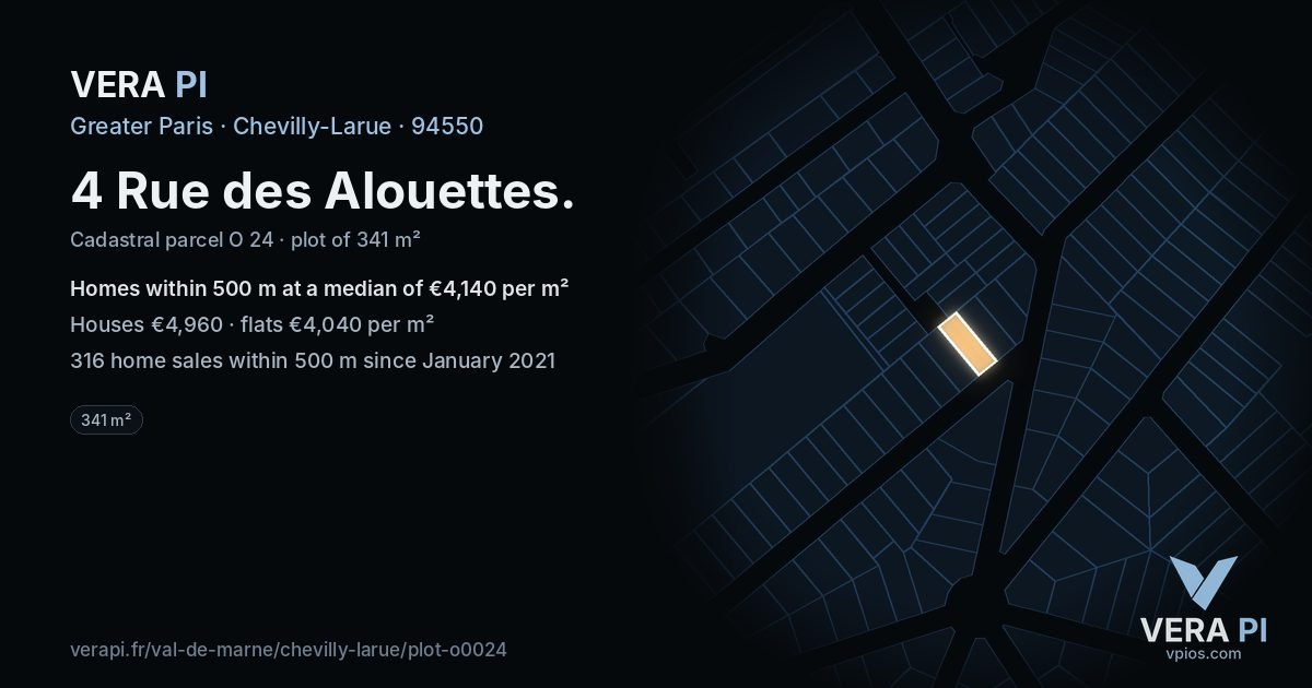 4 Rue des Alouettes, Chevilly-Larue at night – the plot lit, the parcels around coloured by the prices near them