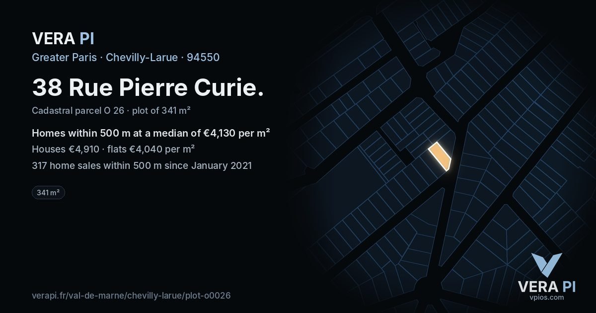 38 Rue Pierre Curie, Chevilly-Larue at night – the plot lit, the parcels around coloured by the prices near them