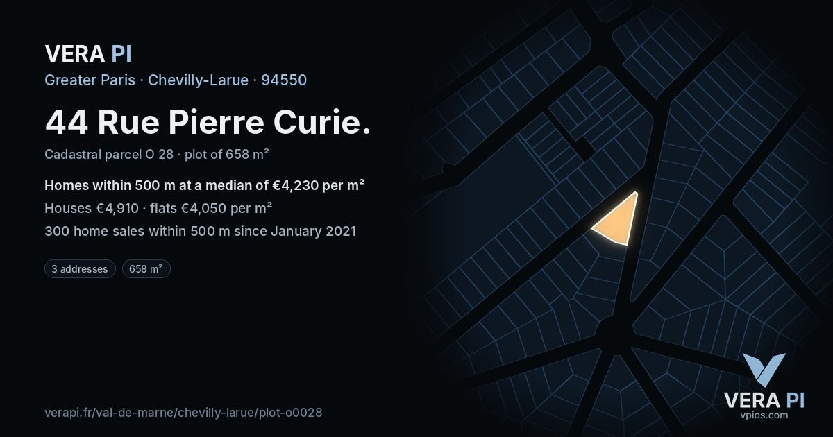 44 Rue Pierre Curie, Chevilly-Larue at night – the plot lit, the parcels around coloured by the prices near them