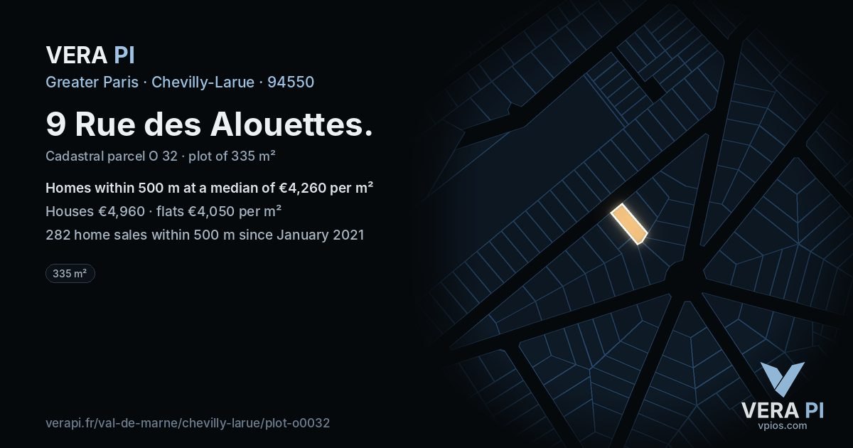 9 Rue des Alouettes, Chevilly-Larue at night – the plot lit, the parcels around coloured by the prices near them