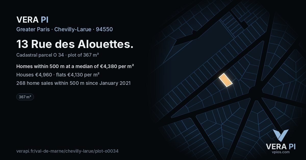 13 Rue des Alouettes, Chevilly-Larue at night – the plot lit, the parcels around coloured by the prices near them