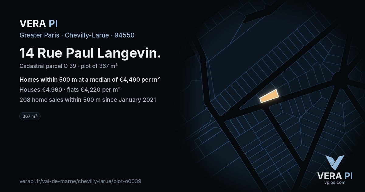 14 Rue Paul Langevin, Chevilly-Larue at night – the plot lit, the parcels around coloured by the prices near them