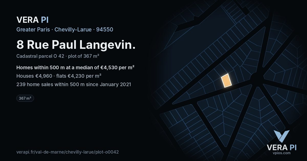8 Rue Paul Langevin, Chevilly-Larue at night – the plot lit, the parcels around coloured by the prices near them