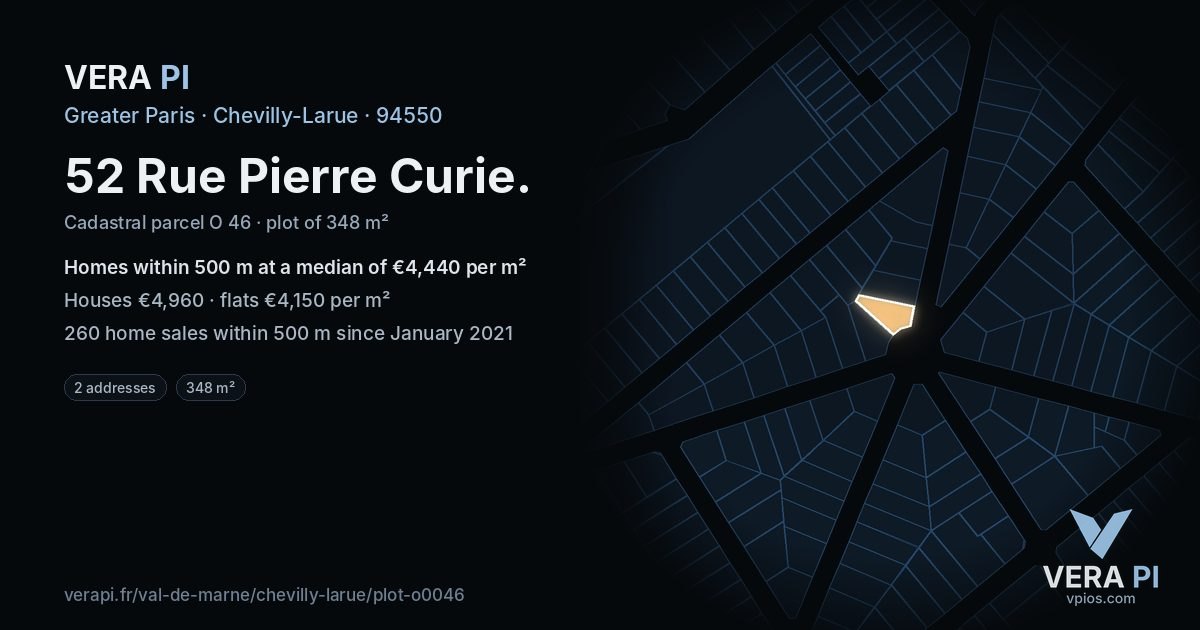 52 Rue Pierre Curie, Chevilly-Larue at night – the plot lit, the parcels around coloured by the prices near them
