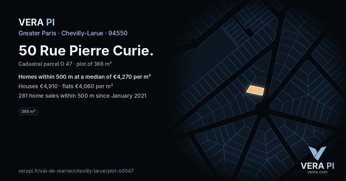 50 Rue Pierre Curie, Chevilly-Larue at night – the plot lit, the parcels around coloured by the prices near them