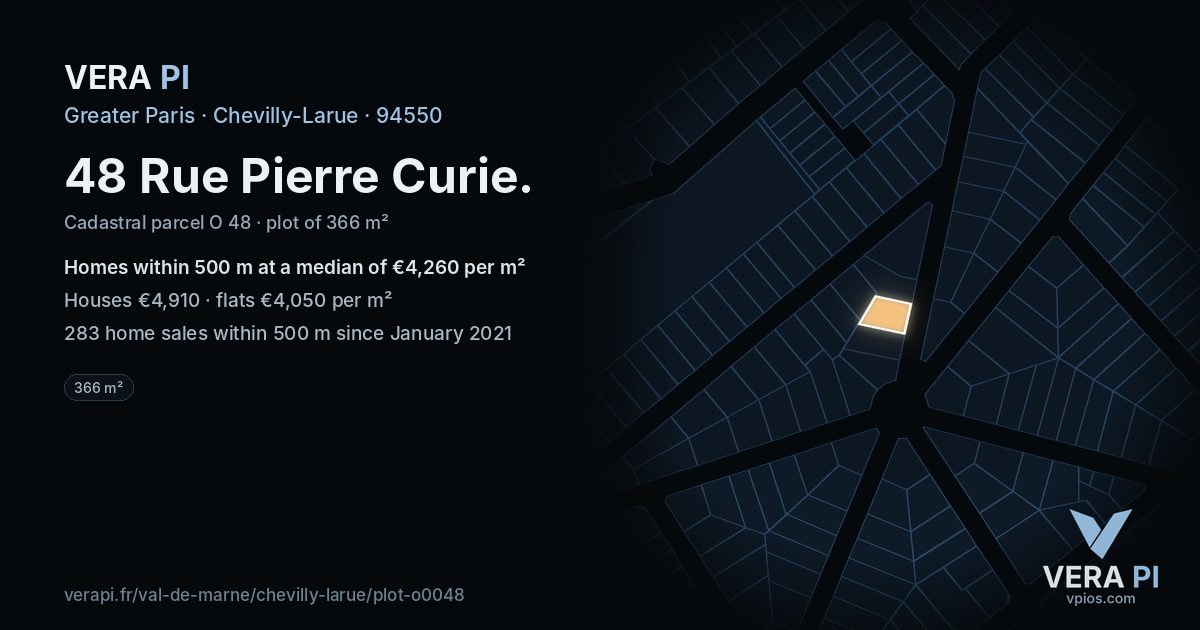 48 Rue Pierre Curie, Chevilly-Larue at night – the plot lit, the parcels around coloured by the prices near them
