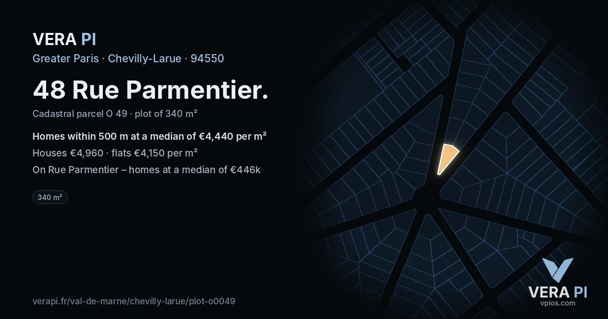 48 Rue Parmentier, Chevilly-Larue at night – the plot lit, the parcels around coloured by the prices near them