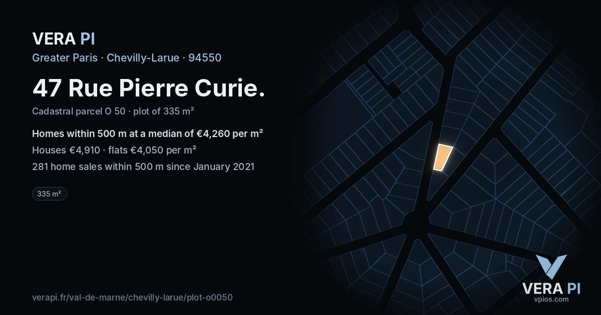 47 Rue Pierre Curie, Chevilly-Larue at night – the plot lit, the parcels around coloured by the prices near them