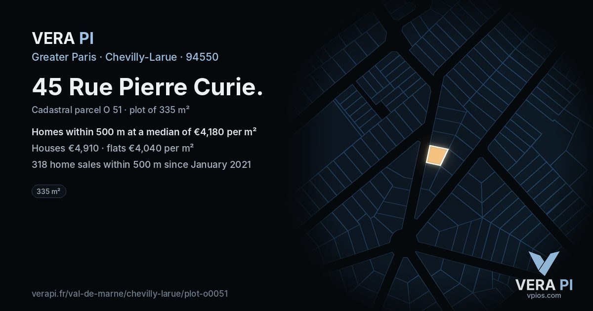 45 Rue Pierre Curie, Chevilly-Larue at night – the plot lit, the parcels around coloured by the prices near them