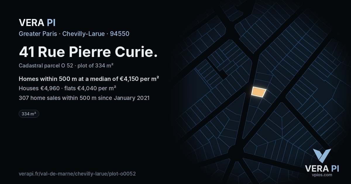 41 Rue Pierre Curie, Chevilly-Larue at night – the plot lit, the parcels around coloured by the prices near them