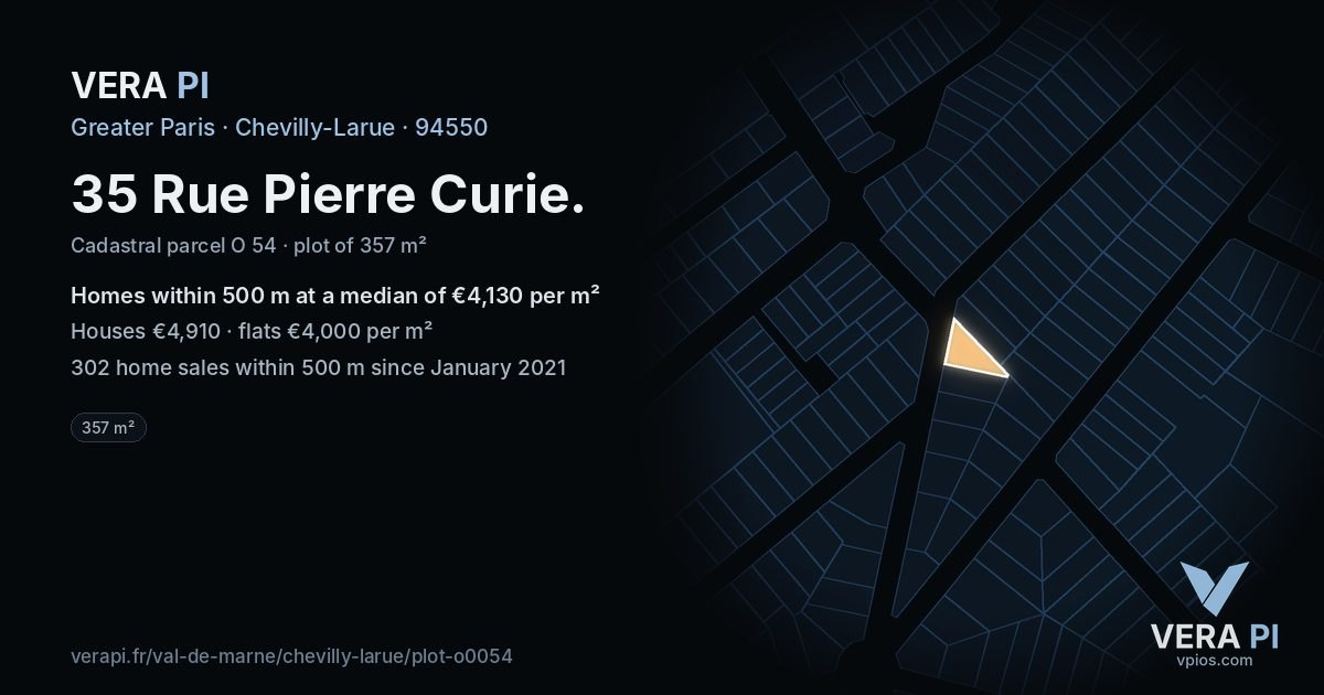 35 Rue Pierre Curie, Chevilly-Larue at night – the plot lit, the parcels around coloured by the prices near them