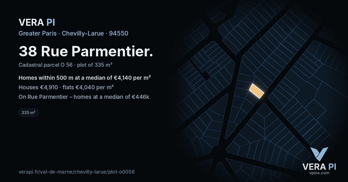 38 Rue Parmentier, Chevilly-Larue at night – the plot lit, the parcels around coloured by the prices near them
