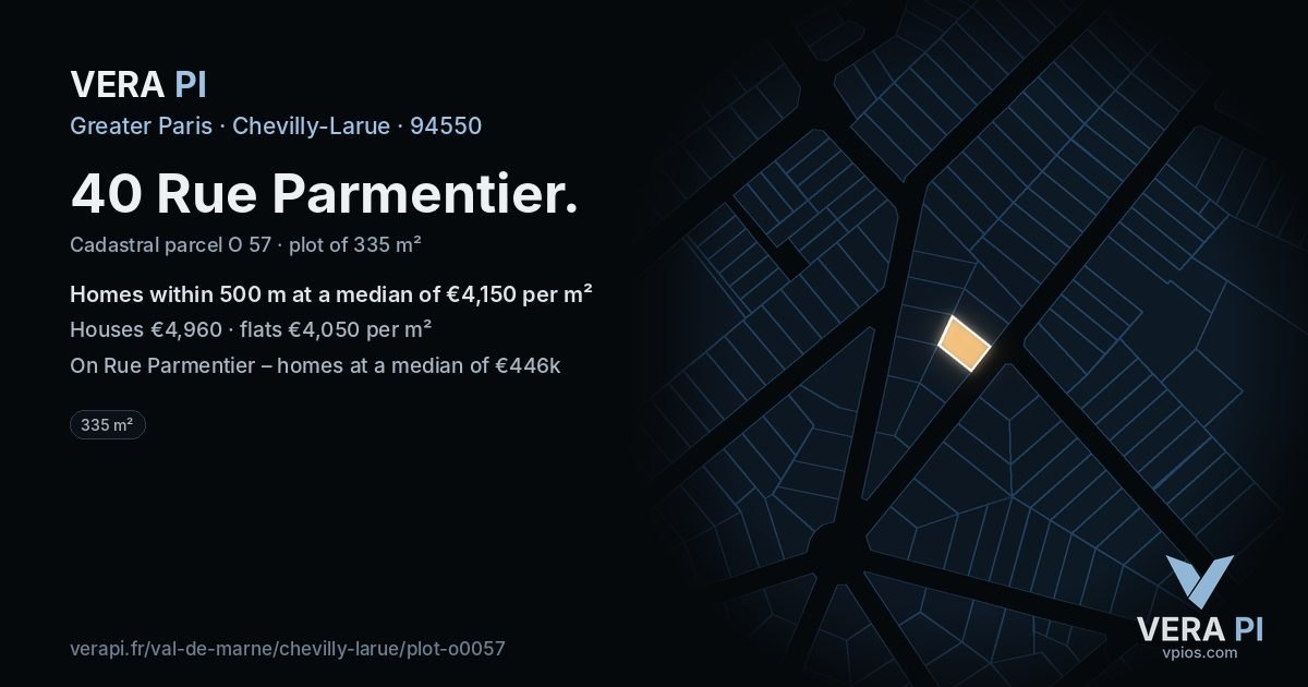 40 Rue Parmentier, Chevilly-Larue at night – the plot lit, the parcels around coloured by the prices near them