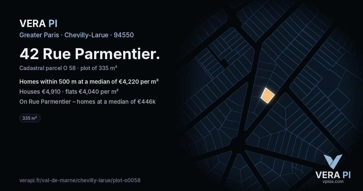 42 Rue Parmentier, Chevilly-Larue at night – the plot lit, the parcels around coloured by the prices near them