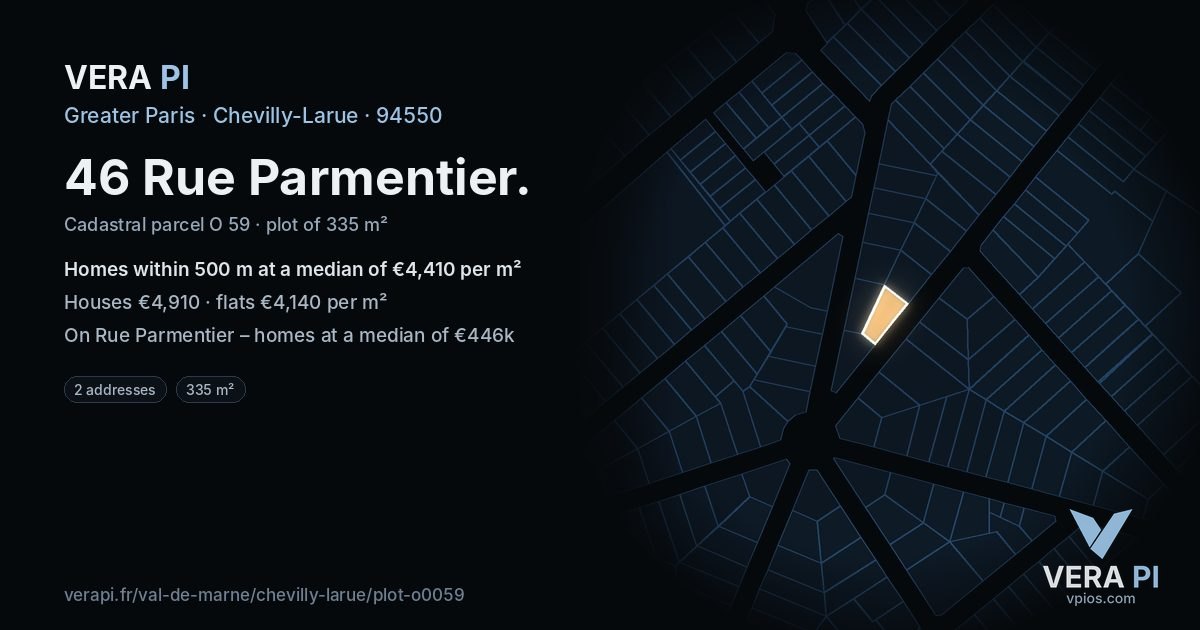 46 Rue Parmentier, Chevilly-Larue at night – the plot lit, the parcels around coloured by the prices near them