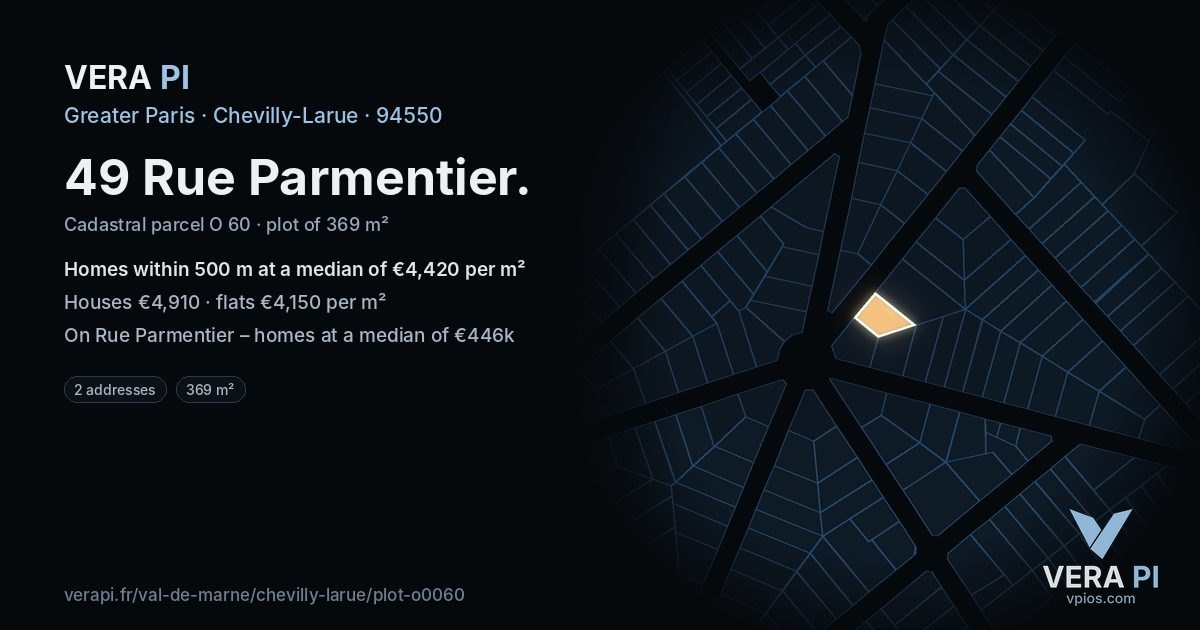 49 Rue Parmentier, Chevilly-Larue at night – the plot lit, the parcels around coloured by the prices near them