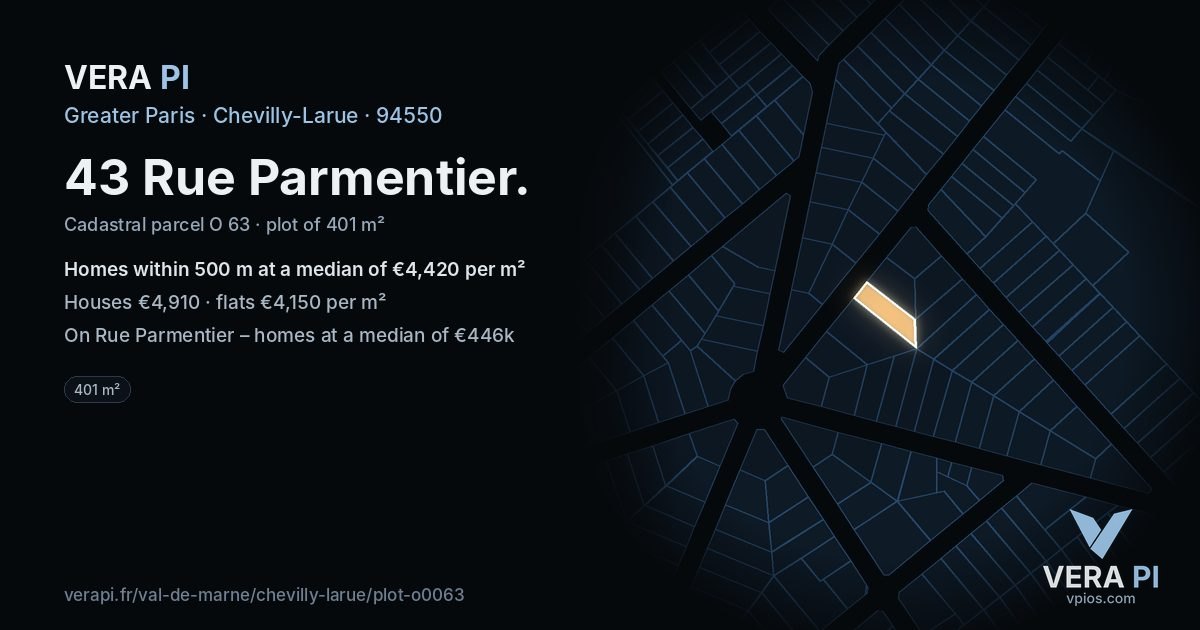 43 Rue Parmentier, Chevilly-Larue at night – the plot lit, the parcels around coloured by the prices near them