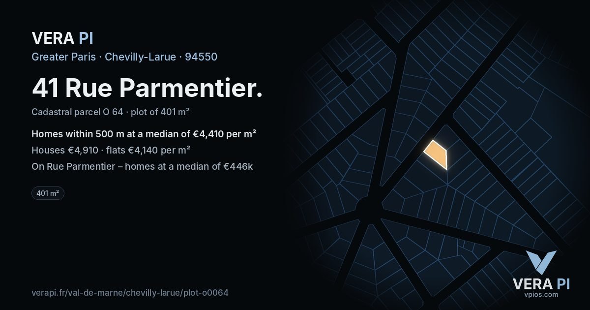 41 Rue Parmentier, Chevilly-Larue at night – the plot lit, the parcels around coloured by the prices near them