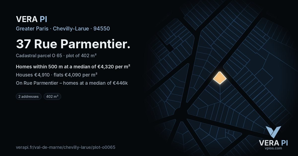 37 Rue Parmentier, Chevilly-Larue at night – the plot lit, the parcels around coloured by the prices near them