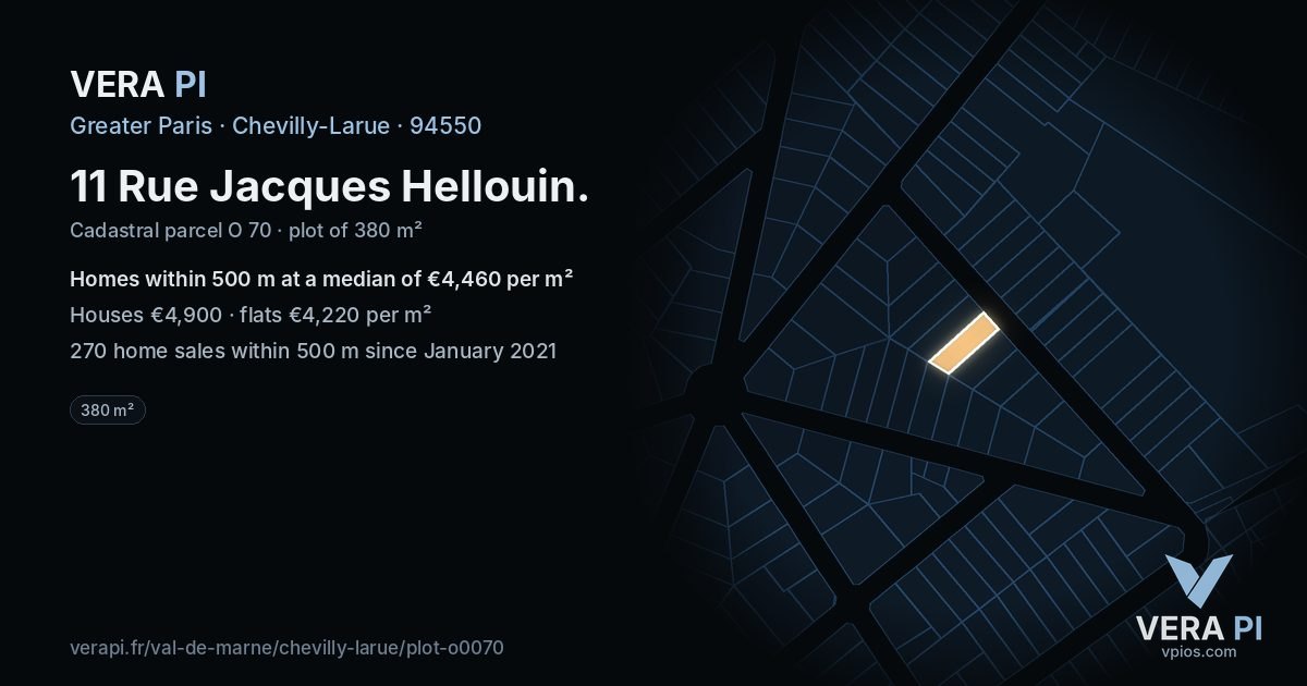 11 Rue Jacques Hellouin, Chevilly-Larue at night – the plot lit, the parcels around coloured by the prices near them