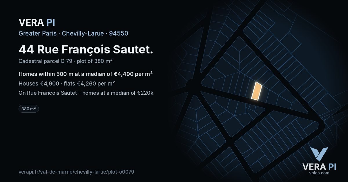 44 Rue François Sautet, Chevilly-Larue at night – the plot lit, the parcels around coloured by the prices near them