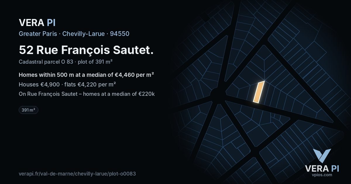 52 Rue François Sautet, Chevilly-Larue at night – the plot lit, the parcels around coloured by the prices near them