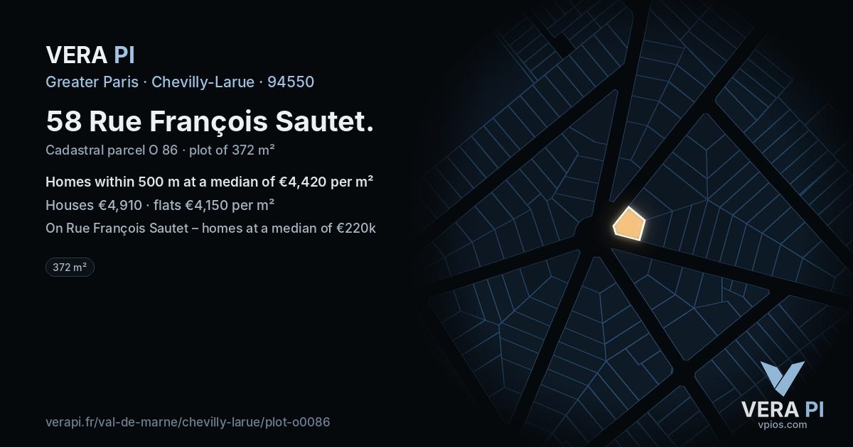 58 Rue François Sautet, Chevilly-Larue at night – the plot lit, the parcels around coloured by the prices near them