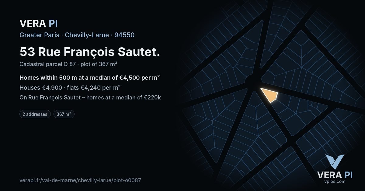 53 Rue François Sautet, Chevilly-Larue at night – the plot lit, the parcels around coloured by the prices near them
