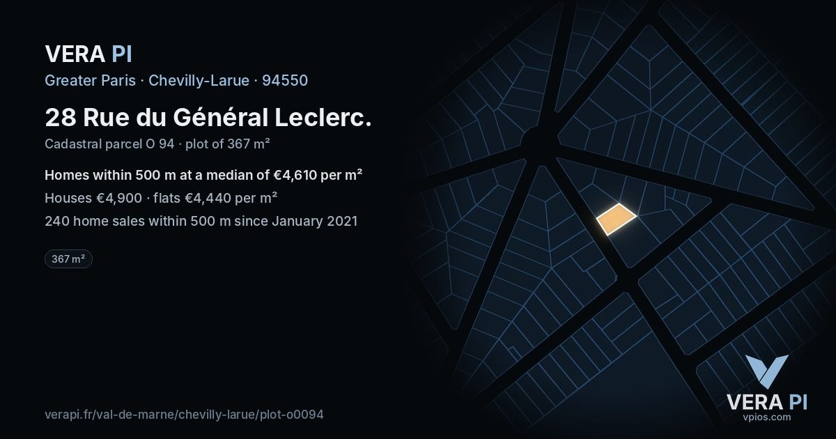 28 Rue du Général Leclerc, Chevilly-Larue at night – the plot lit, the parcels around coloured by the prices near them