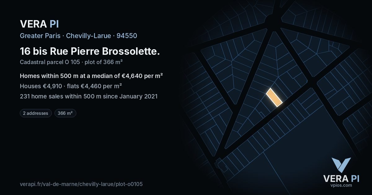 16 bis Rue Pierre Brossolette, Chevilly-Larue at night – the plot lit, the parcels around coloured by the prices near them