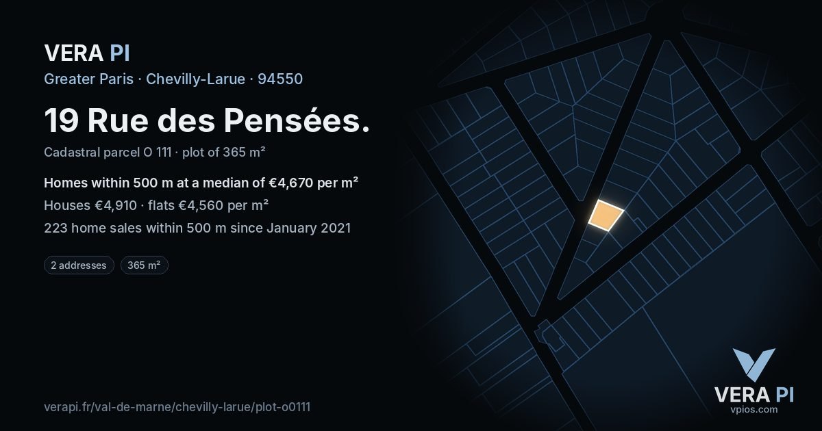 19 Rue des Pensées, Chevilly-Larue at night – the plot lit, the parcels around coloured by the prices near them