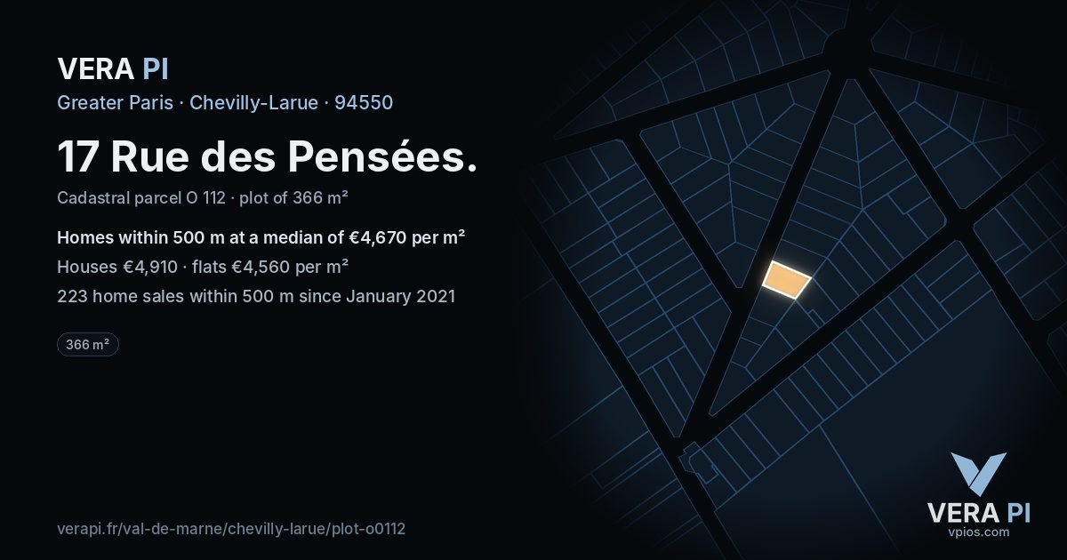 17 Rue des Pensées, Chevilly-Larue at night – the plot lit, the parcels around coloured by the prices near them