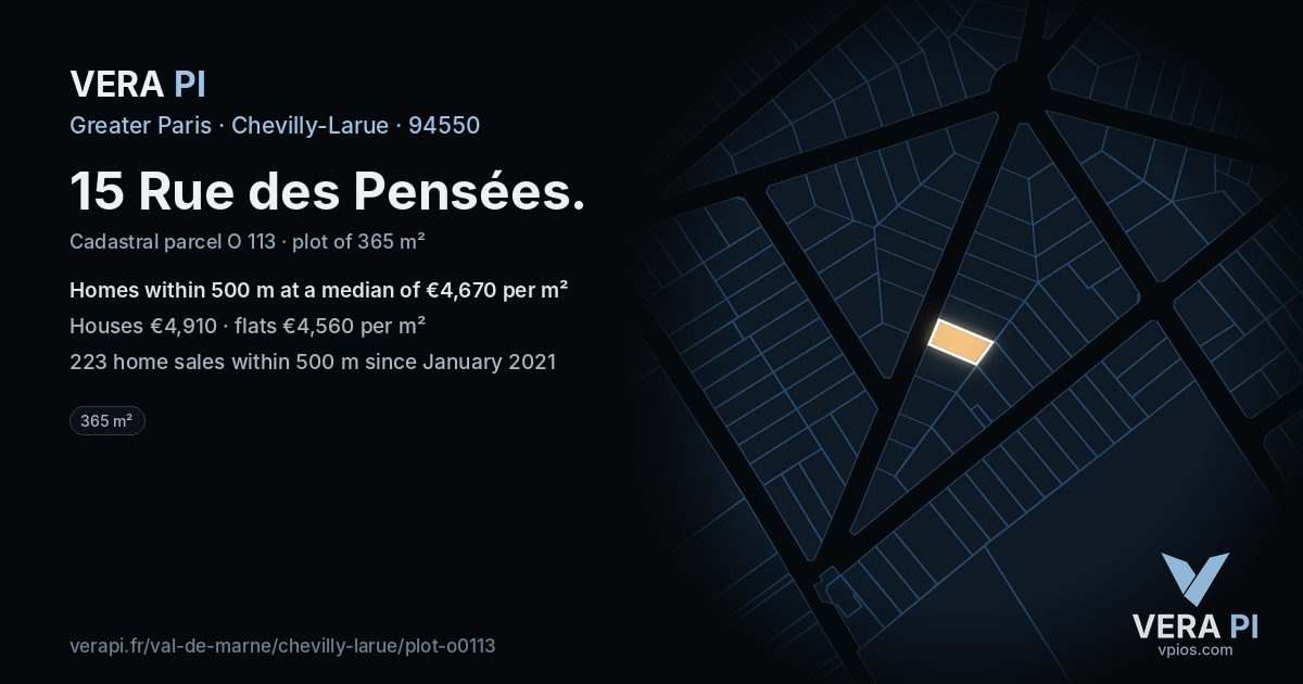 15 Rue des Pensées, Chevilly-Larue at night – the plot lit, the parcels around coloured by the prices near them